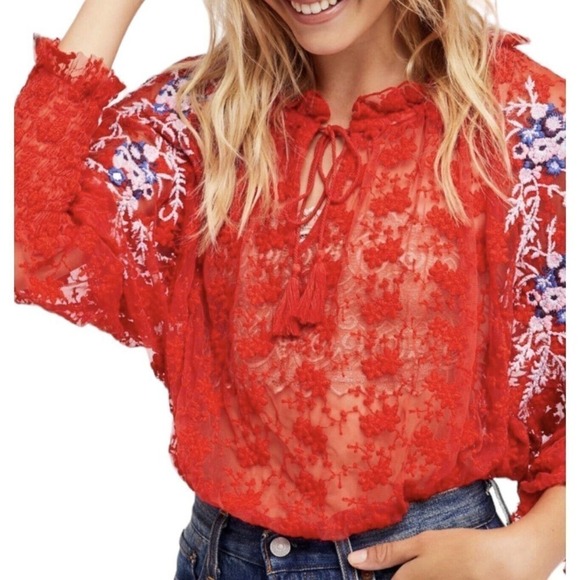 Free People Jubilee Red Embroidered Floral Mesh Oversized Top Womens Size XS - Picture 4 of 16